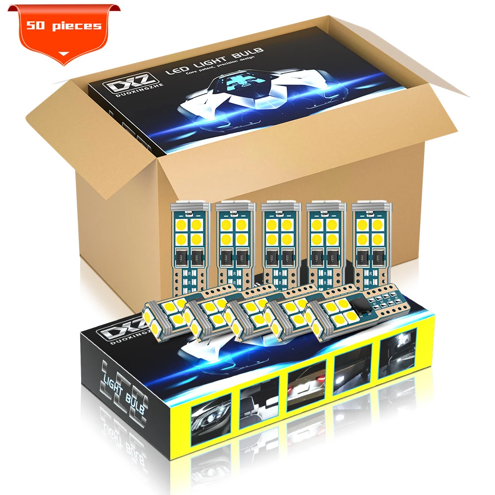 DXZ 50 шт. T10 светодиодный автомобильный купольный светильник W5W 10 SMD Canbus 168 194 6000K 12V белый для салона автомобиля