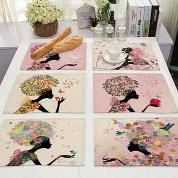 

Flower Butterfly Girl Cotton Linen Pad Pattern Kitchen Placemat Bowl Cup Mat Dining Table Mats Coaster 42*32cm Home Decor PM0043