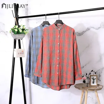

JLI MAY Autumn Plaid Shirts Winter Stand Button Normcore Loose Long Sleeve Office Lady Womens Clothing Harajuku