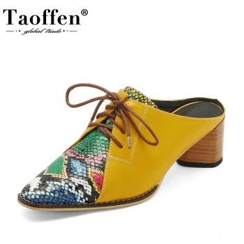 

Taoffen Patchwork Women Pumps Leather Pattern Snakeskin Lacing Women Shoes Sexy Thick Heel Party Casual Footwear Size 34-42