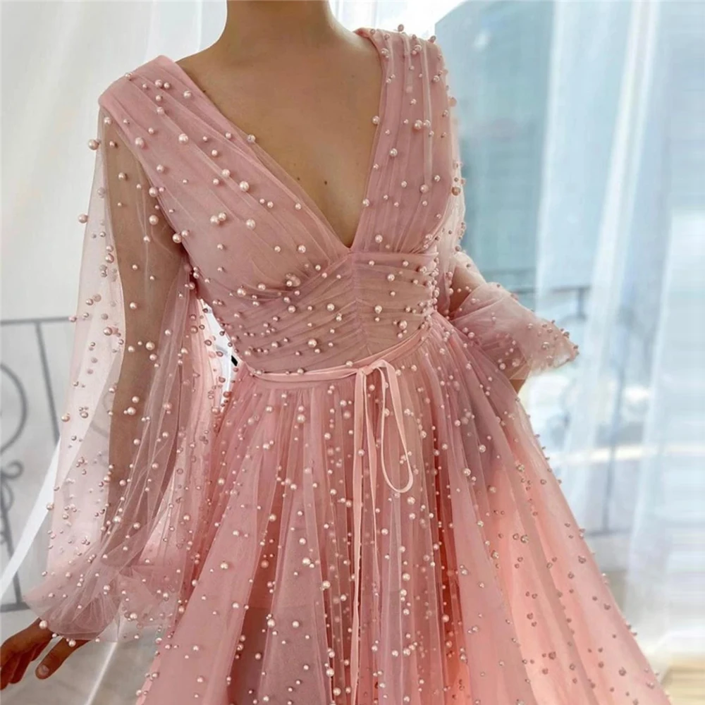 green prom dress Pink Pearls Tulle Prom Dress V-neck Long Sleeves Women Formal Party Night See Through Evening Dress A-line vestidos de fiesta yellow prom dresses