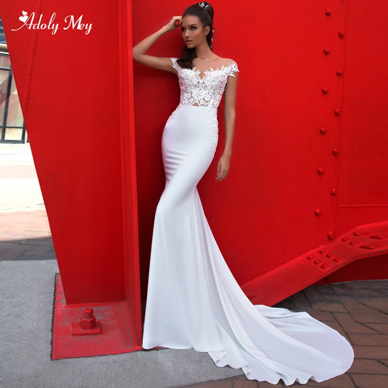 

Adoly Mey Elegant Scoop Neck Button Satin Mermaid Wedding Dress 2020 Cap Sleeve Beaded Appliques Court Train Trumpet Bride Gown