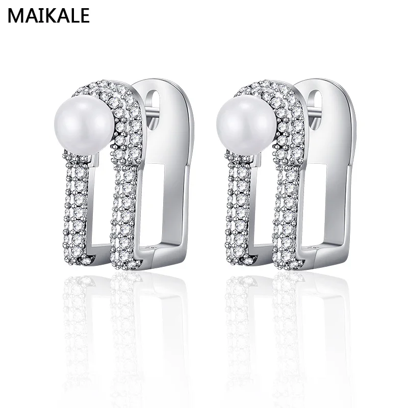 MAIKALE, новинка, классические серьги-гвоздики с жемчугом, цвета: золотистый, серебристый, AAA, кубический цирконий, корейские серьги для женщин, подарок для друзей