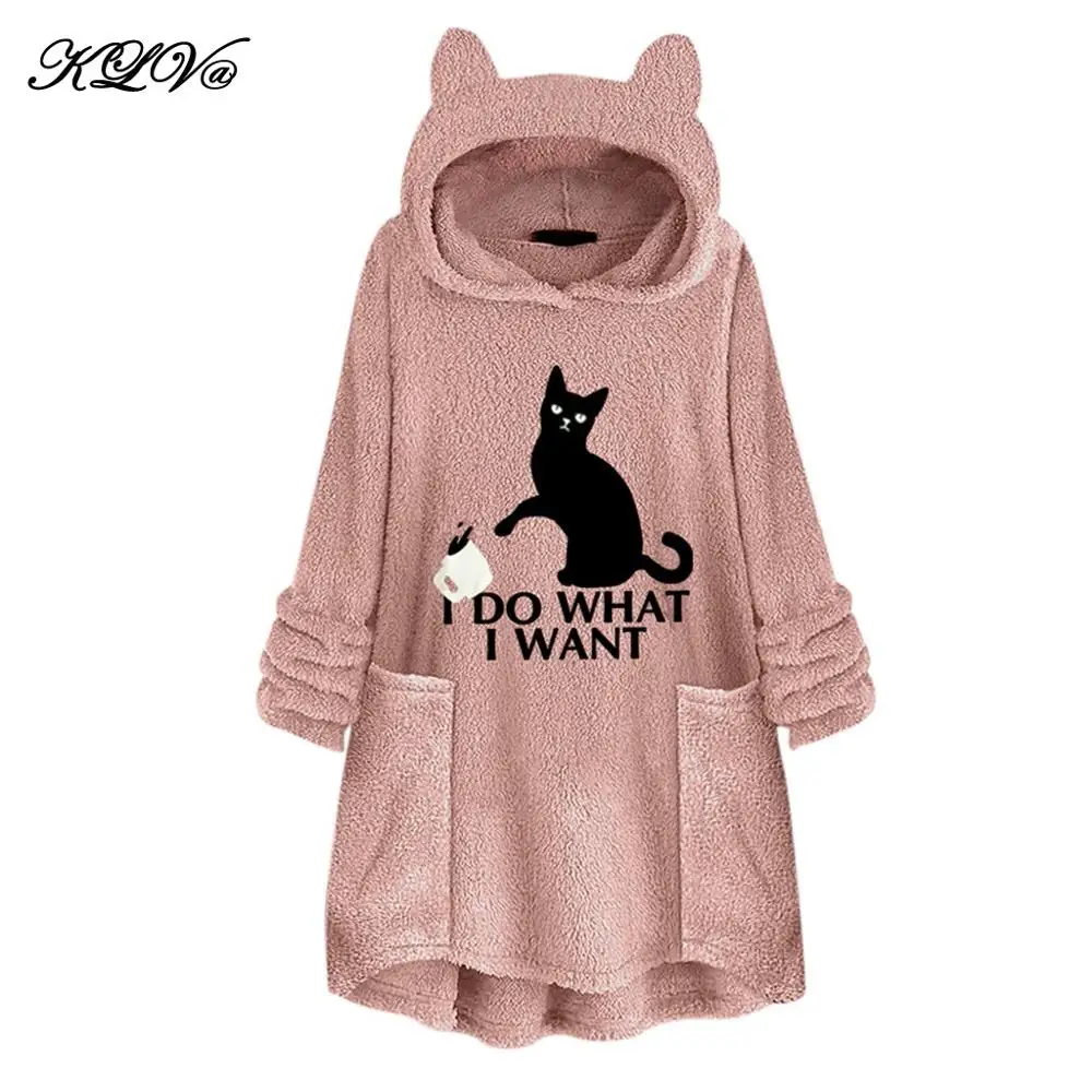 Pink Длинные толстовки с кошачьим принтом, Женские флисовые теплые пуловеры с вышитыми карманами, кошачьи ушки размера плюс, толстовка с капюшоном, топ, блузка, женская одежда - Цвет: Pink