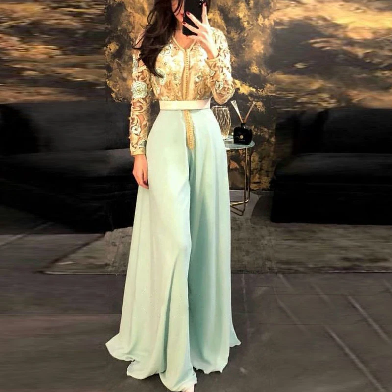 evening dresses with sleeves Elegant Chiffon Evening Dress Lace Appliques V Neck Long Sleeves A Line Arabic Dubai Dresses Party Gown Vestido de Noite black formal dresses