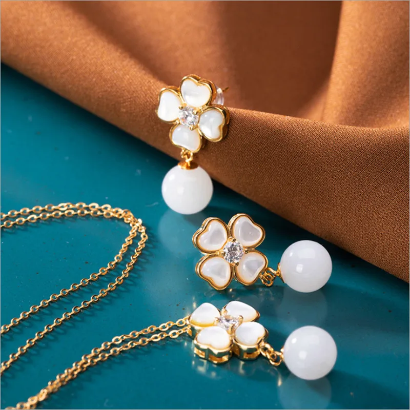 1 Set White Uglyless Клевер из опала Ювелирные наборы для женщин природа Нефритовые Шары подвески+ цепочки Настоящее серебро 925 цветочные ожерелья+ серьги P1013 - Цвет камня: 1 Set White