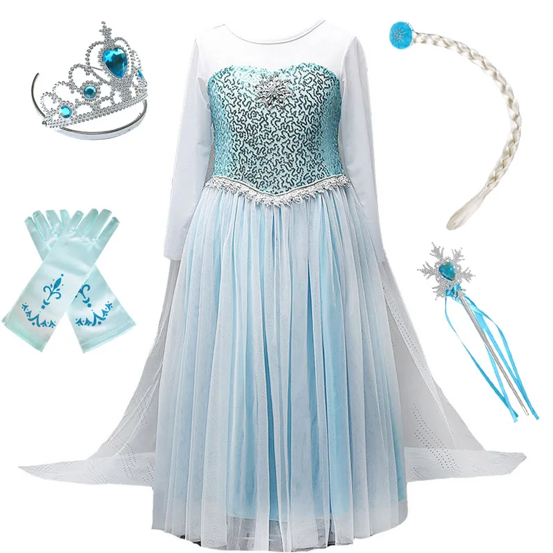 Girl Princess Dress Cosplay Elsa Costume Fancy Dress Kid Halloween Carnival Snow Queen Elza Clothing Party Blue Dress Girls Gift - Color: Elsa Set 2