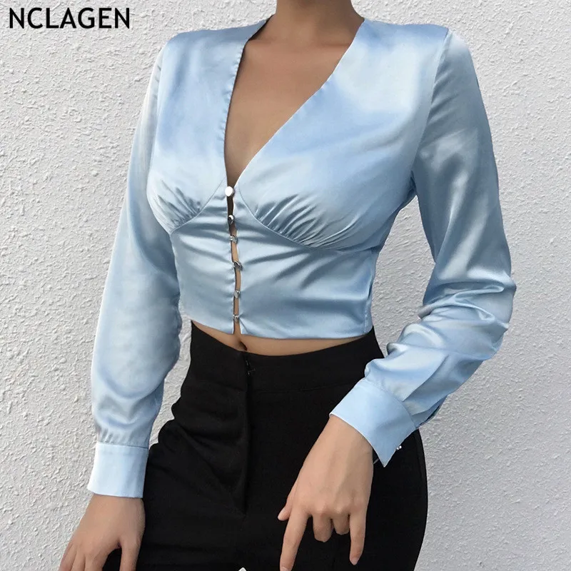 

NCLAGEN 2019 Autumn Ladies Sexy Deep V Neck Single Breasted Shirt Long Sleeve Navel Bare Crop Tops Blouse Bottoming Blusas