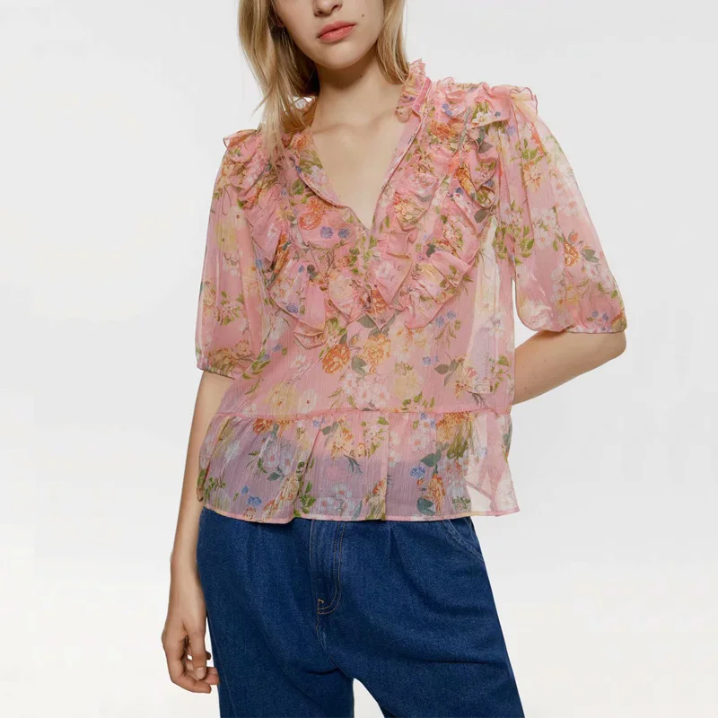 

Summer women's shirt casual flower print ruffled decorative V-neck short-sleeved shirt