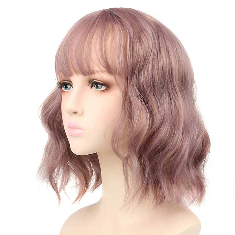 Pageup Short Natural Wave Synthetic Wig For Black Women Purple Wigs with Bangs Heat Resistant Fiber Hair Wigs