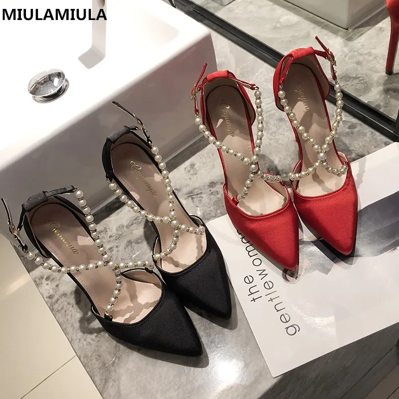 

MIULAMIULA Brand Designer 2020 Spring Luxury Pearl String Bead High Thin Heels Lady Sandals Silk Pumps For Party Black Red 35-40