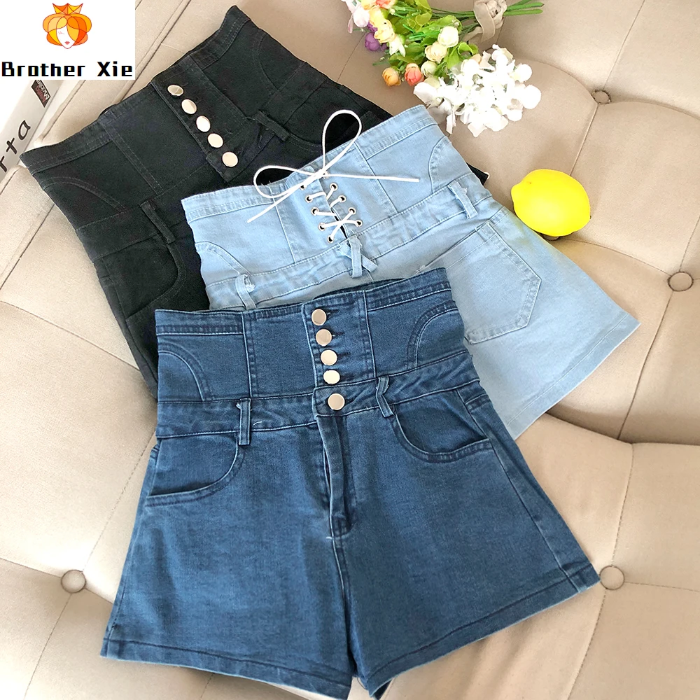 

High Wait Jean Shorts Women Spring Summer New Denim Shorts Buckle Bandage Hot Pants Slim Elasticity Jeans Shorts Femme