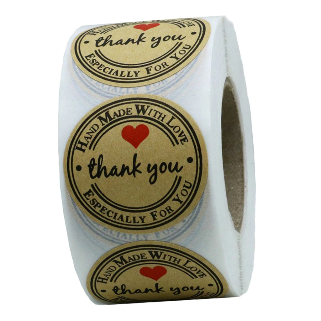 1 Roll 500pcs Kraft Paper Thank You Decorative Adhesive Stickers Label