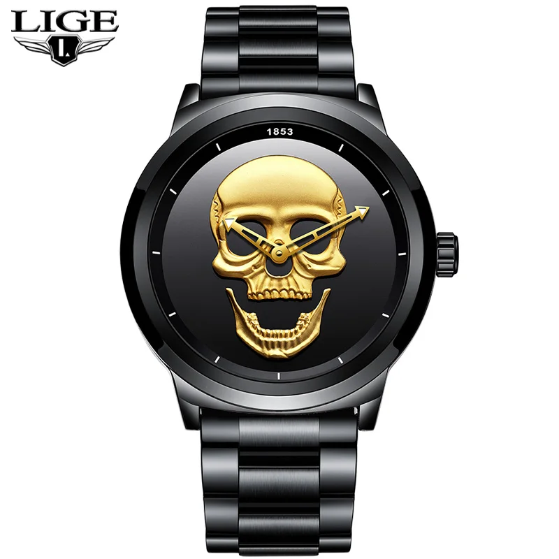 LIGE Skeleto Men Watch Top Brand Casual 3D Skull Full Steel Waterproof Military Sports Male Quartz Wrist Watch Relogio Masculino