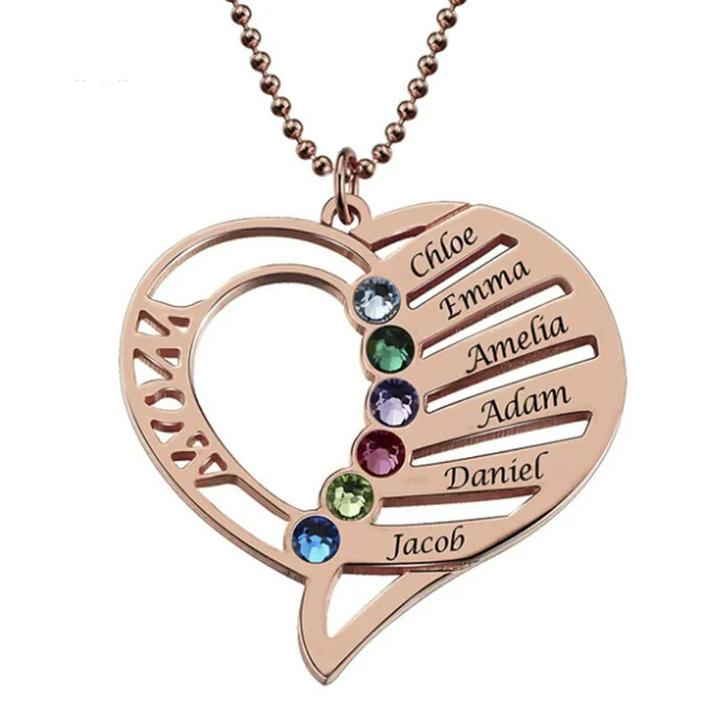 

Women Rose Gold Necklaces Custom Name Engraving Necklace Love Heart Collar Birthstone Chain Jewelery Christmas Day Gift for Mom