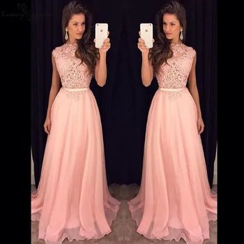 

2020 Pink Bridesmaid Dresses Long Sleeveless Chiffon Lace Beaded Wedding Guest Party Dress Formal Prom Gowns Vestidos Cheap