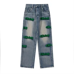 Pantalones vaqueros Harajuku con bordado de letras para hombre, ropa de calle desgastada de cintura media, estilo Hip Hop, 2021