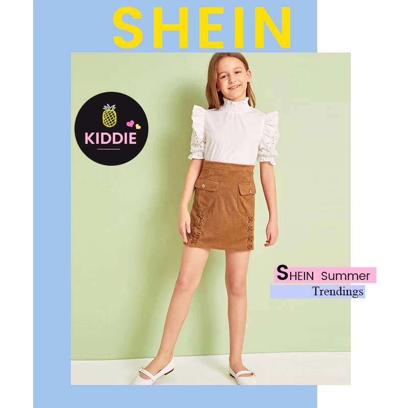 SHEIN Kiddie White Shirred High Neck Ruffle Girls Cute Blouse Summer Puff Sleeve Frill Eyelet Embroidery Kids Blouse Tops