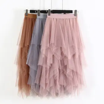 

Womens Elastic High Waist Irregular Wavy Mesh Tulle Skirt Solid Color Pleated Flared Layered Ruffles Mid Calf Long Tutu