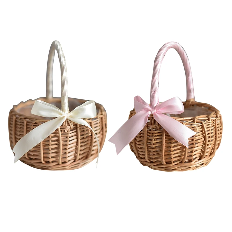 Wicker Woven Flower Basket, With Handle Wedding Flower Girl Baskets