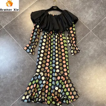 

Sexy Dress Women 2020 Spring Stereo Flounced Puff Shoulder Long Sleeve Color Polka Dot High Waist Dress Women's Dresses Vestidos