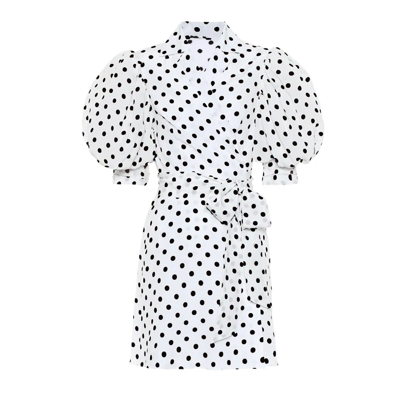 AEL Puff Sleeve Polka Dot Print Chiffon Dress Elegant Lace Up V Neck Women's Clothing With Belt Party Dress Summer