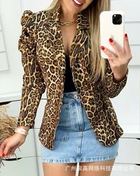 Jaqueta de leopardo Terno Desgaste das Mulheres Do Escritório de Moda 2021 Outono e Inverno Nova Manga Bolha Jaqueta de Leopardo Terno das Mulheres Desgaste