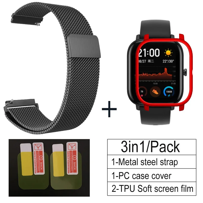 3 в 1 Аксессуары для Amazfit GTS ремешок с чехол металлический Миланский Браслет для Huami Amazfit GTS Band Защитная пленка для экрана - Цвет: black-red