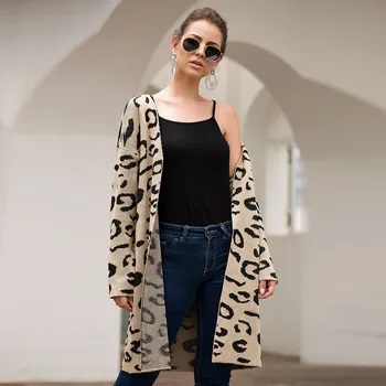 

Travel V Neck Knee Length Casual Outwear Knitting Daily Autumn Winter Long Sleeve Leopard Print Women Cardigan Loose Soft