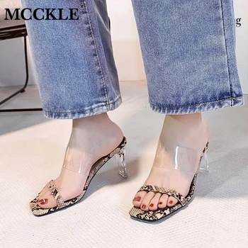 

MCCKLE Women Slippers Ladies Square Toe Snake Print Slipper Transparent Casual Shoes Woman Open Toe Summer Sandals Fashion 2020