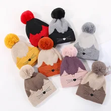 Женская шапка с кошачьими ушками, вязаная теплая шапка Kawaii, зимние шапки, вязаный меховой вязаный шарик, толстые шапки Skullies