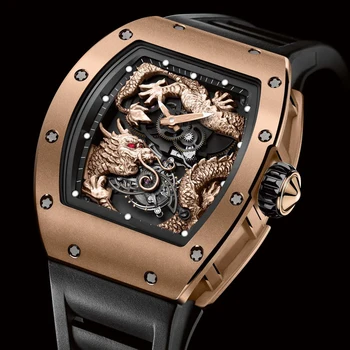 

Luxury Brand New Black Rubber Rose Gold Men Watch Sapphire Automatic Mechanical Dragon Tourbillion Skeleton Limited Noob Watches