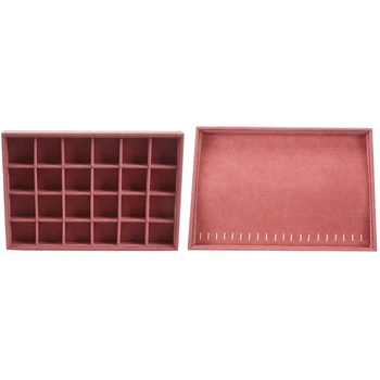 

2 Pcs Pink Velvet Jewelry Ring Display Organizer Case Tray Holder Necklace Bangle Storage Box 24 Grid & Necklace Plate