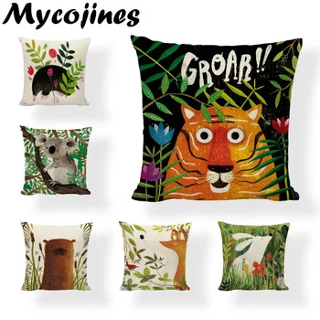

Vogue Art Style Woodland Animal Pillowcase Deer Tiger Dog Lion Raccoon Fox Rabbit Dormitory Sofa Seat Decorative Cushion Cover