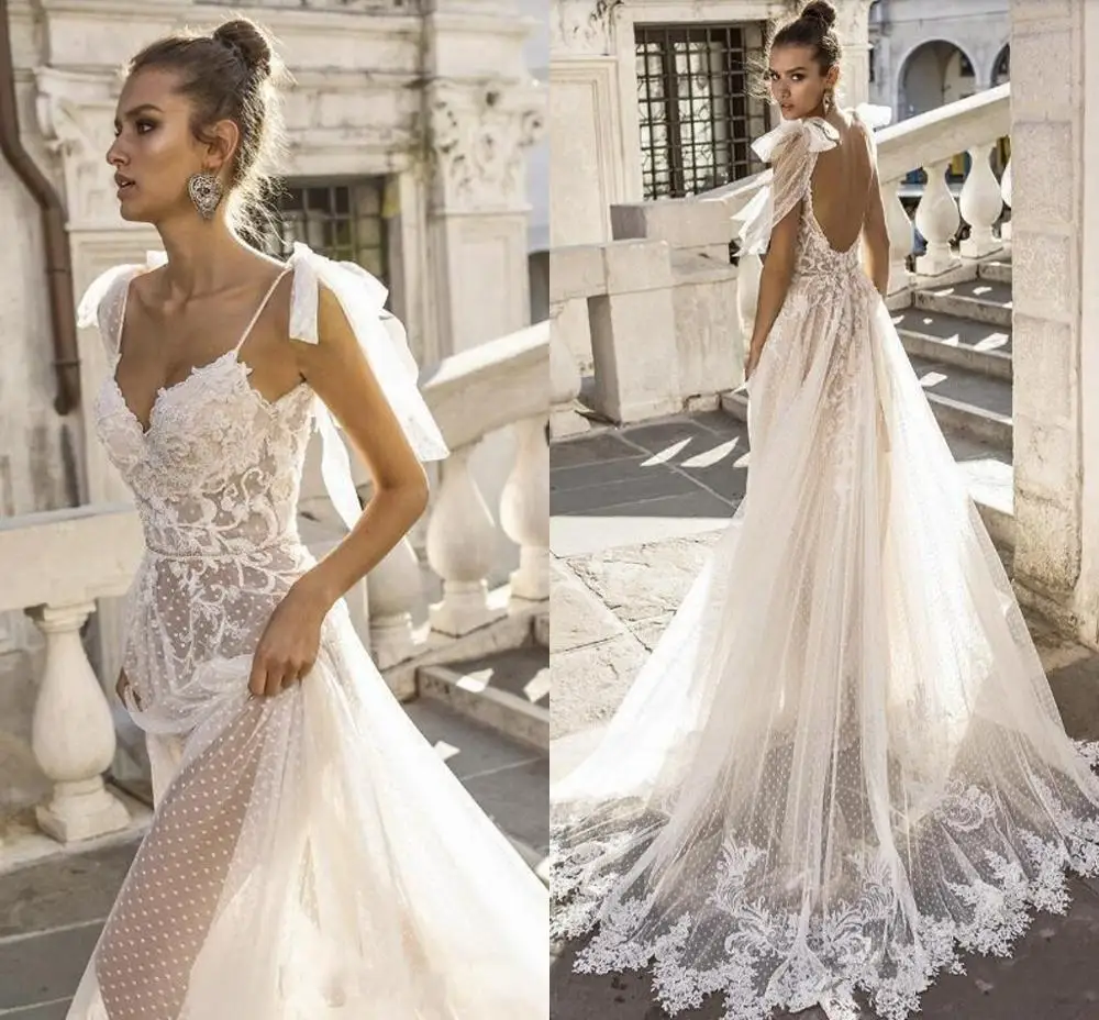 

2019 Sexy Boho Wedding Dresses Spaghetti Straps Illusion Lace Backless Bridal Gowns Vestido De Novia Beach Wedding Dress Cheap