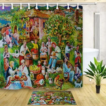 

Polyester Fabric Shower Curtain with Free Hook Art Oil Painting Bath Curtain with Anti Slip Bath Carpet 3D Print Shower Screen