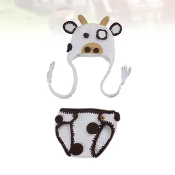 

2Pcs Cute Baby Outfit Cattle Cow Hat Diaper Outfit Newborn Photography Props for Infant Baby（White, Coffee and Khaki）