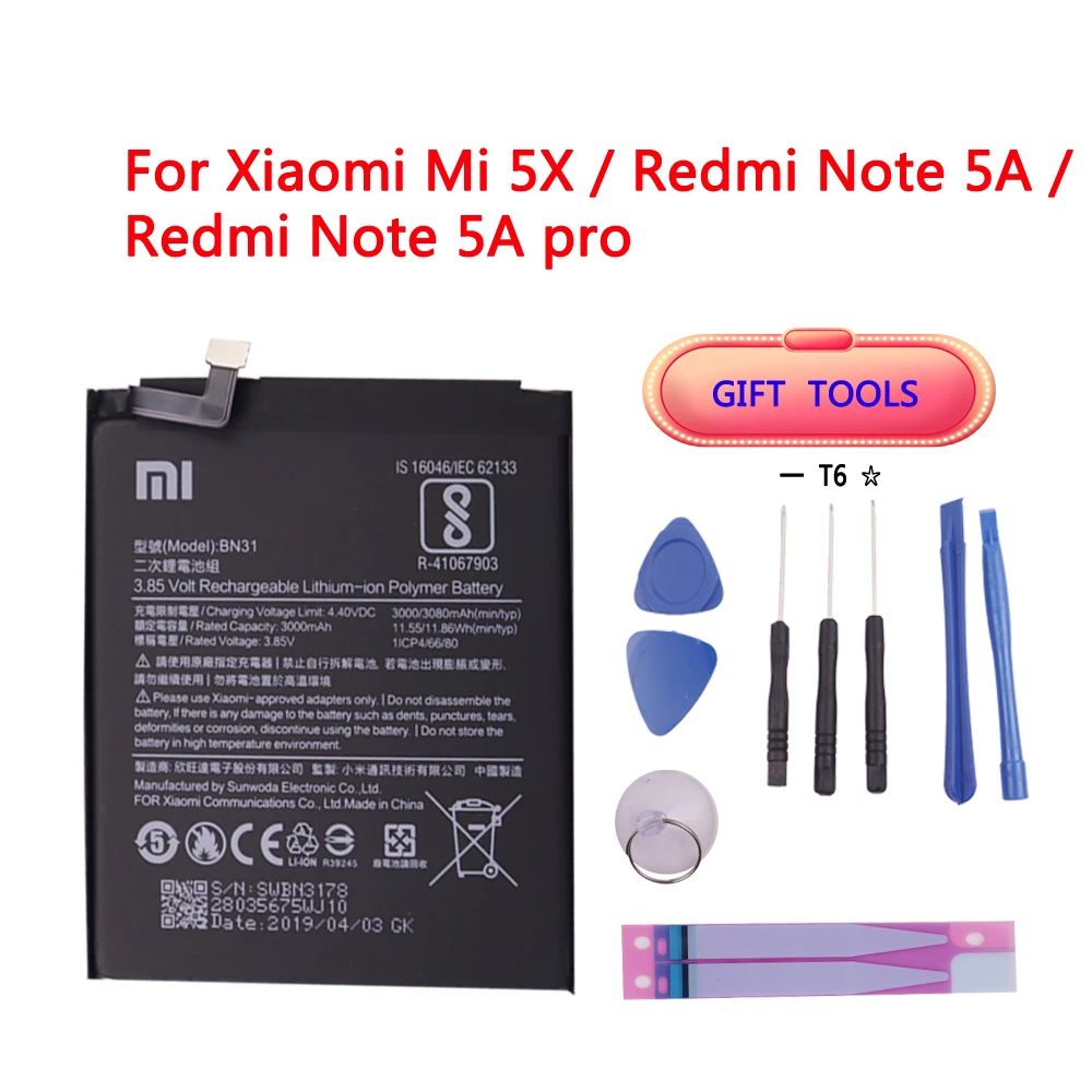 

2019 100% Original Battery 3000mAh BN31 For Xiaomi Mi 5X Redmi Note 5A Redmi Note 5A pro Mi A1 Redmi Y1 Lite Redmi S2 Battery
