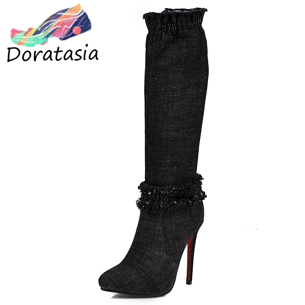 

Brand Winter Denim Boots For Women Shoes Platform Knee High Boots Sexy Party Thin High Heels Boots Woman Big Size 43