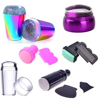 

WAKEFULNESS Rainbow Handle Nail Stamper Scraper Rubber Head Clear Silicone Stamper for Nail Art Stamping Plate Template Tools