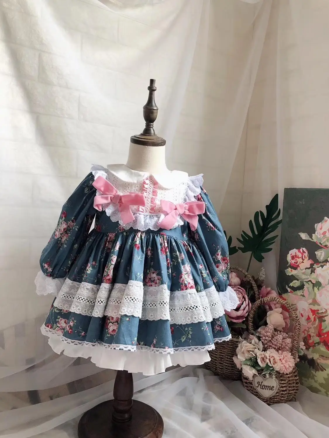 3 предмета, осенне-зимнее темно-синее винтажное платье принцессы с длинными рукавами и цветочным принтом в стиле испанской Лолиты для девочек, повседневное праздничное платье