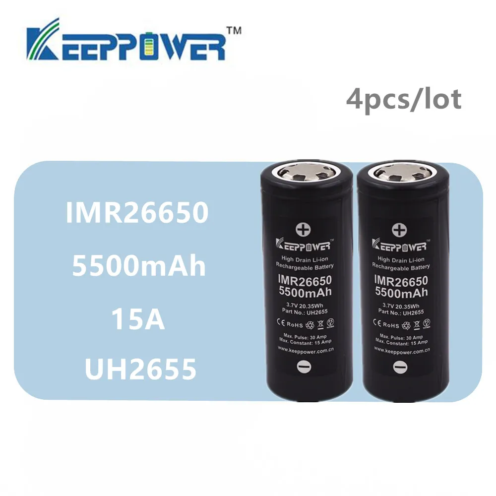 4 шт., KeepPower IMR 26650, батарея IMR26650, 5500 мАч, Макс., 30A, разрядка, 3,7 в, литиевая батарея