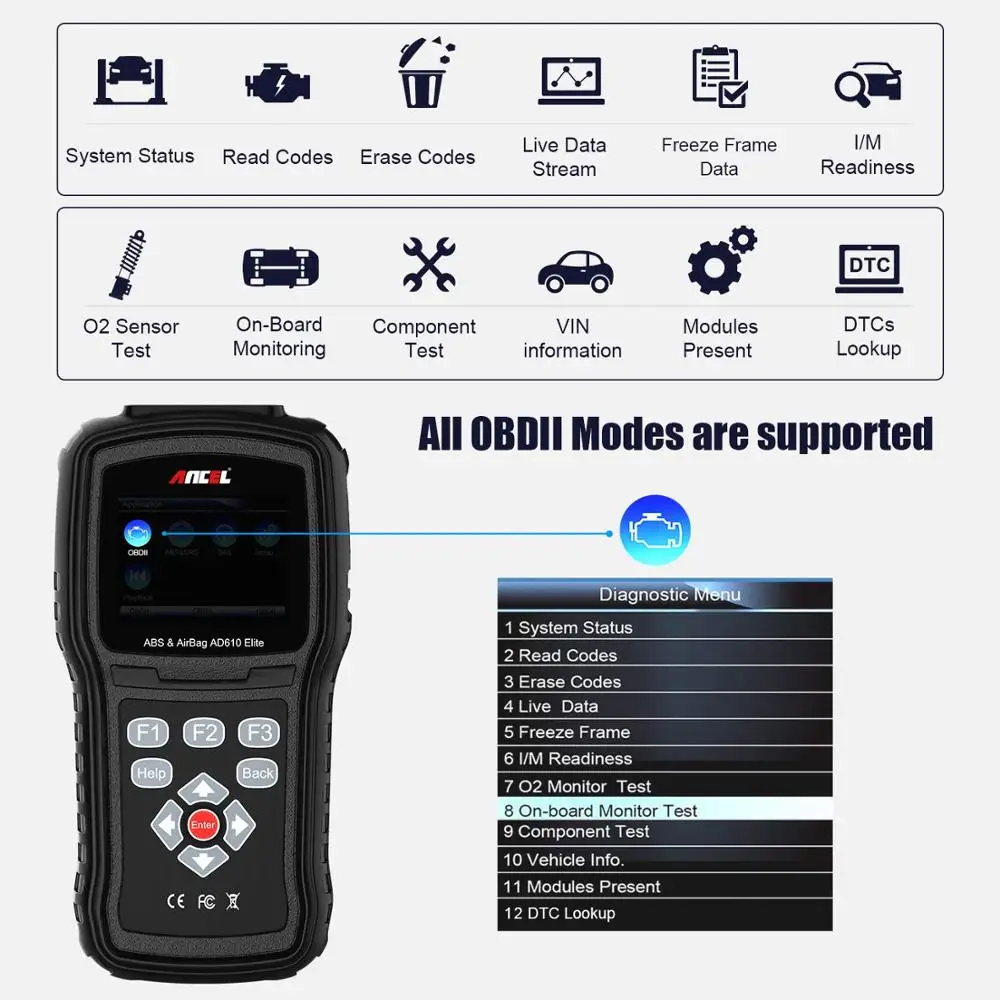 US $102.96 Ancel AD610 Elite OBD2 Scanner 4 System OBD 2 Automotive Scanner ABS SAS SRS Rest Car Diagnostic Tools Free Shipping