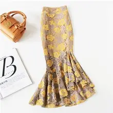 Размера плюс 4XL! Асимметричная юбка рыбий хвост с высокой талией Женская Зимняя юбка с оборками, кружевная Офисная Женская юбка TB3747