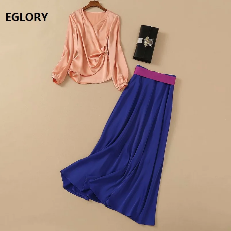 

2021 Spring Runway Style Clothing Sets Women V-Neck Pleated Ruffle Deco Long Sleeve Tops Blouse+Belt Deco Long Maxi Skirt Sets