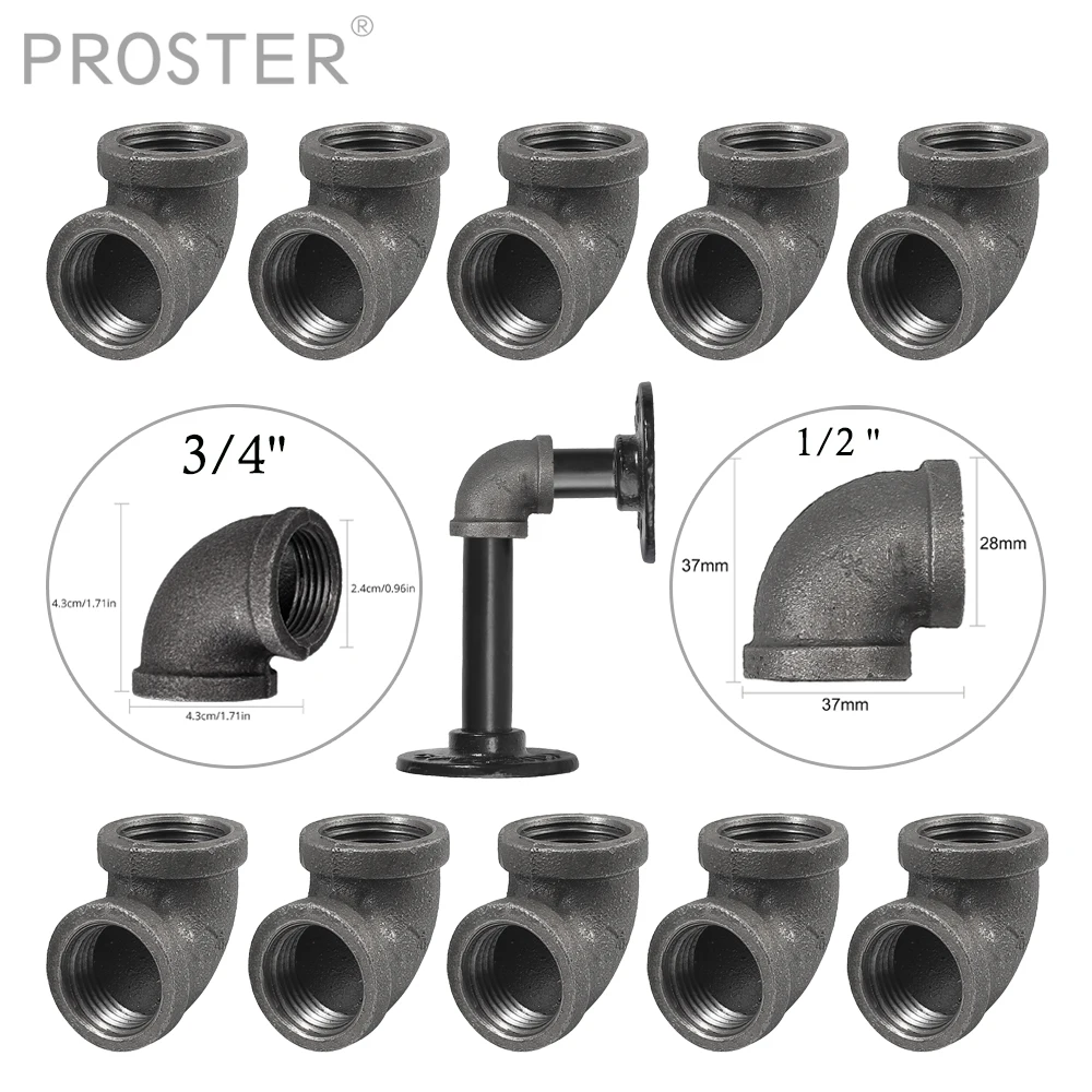 Proster 10 Pcs 3/4" 1/2" Threaded Iron Pipe Fitting Elbow 90 Degree Angled Malleable Wrought for Industrial Furniture DIY |