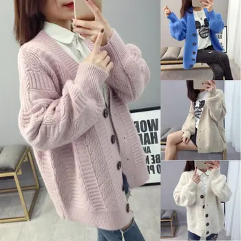

Women Cardigans V-neck Solid Loose Knitwear Sweater Single Breasted Casual Knit Cardigan Outwear