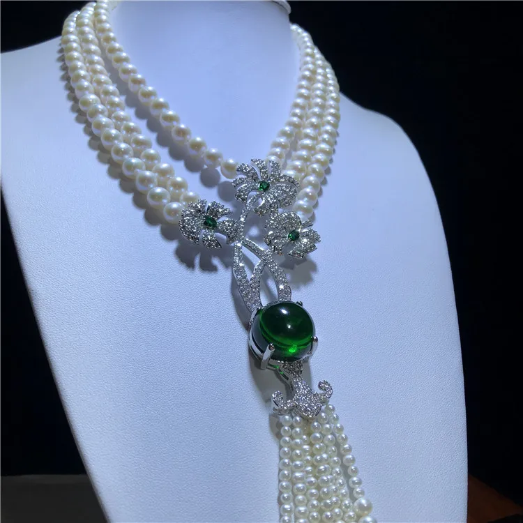 Hand knotted 3rows natural 8-9mm white freshwater pearl fashion necklace micro inlay zircon accessories