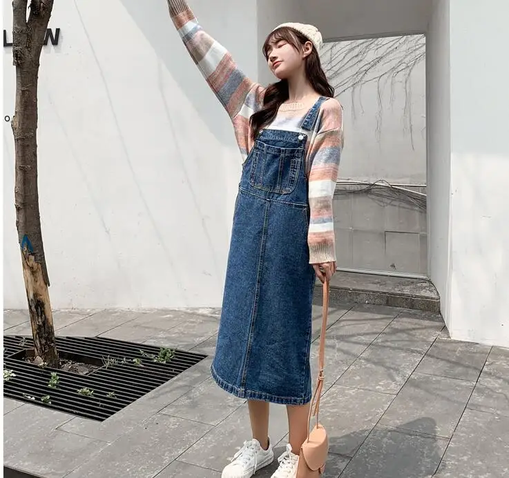 9083denim dress Зимние модные джинсовые комбинезоны для беременных Длинные Свободные Высокая талия для беременных женские винтажные комбинезоны с большими карманами хлопковые джинсы - Цвет: 9083denim dress
