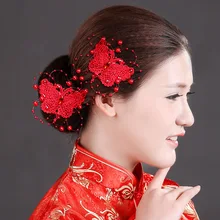 Корейский стиль модельные свадебные аксессуары для невесты головной убор красный и белый 2 цвета полностью ручной работы Бабочка заколка для волос